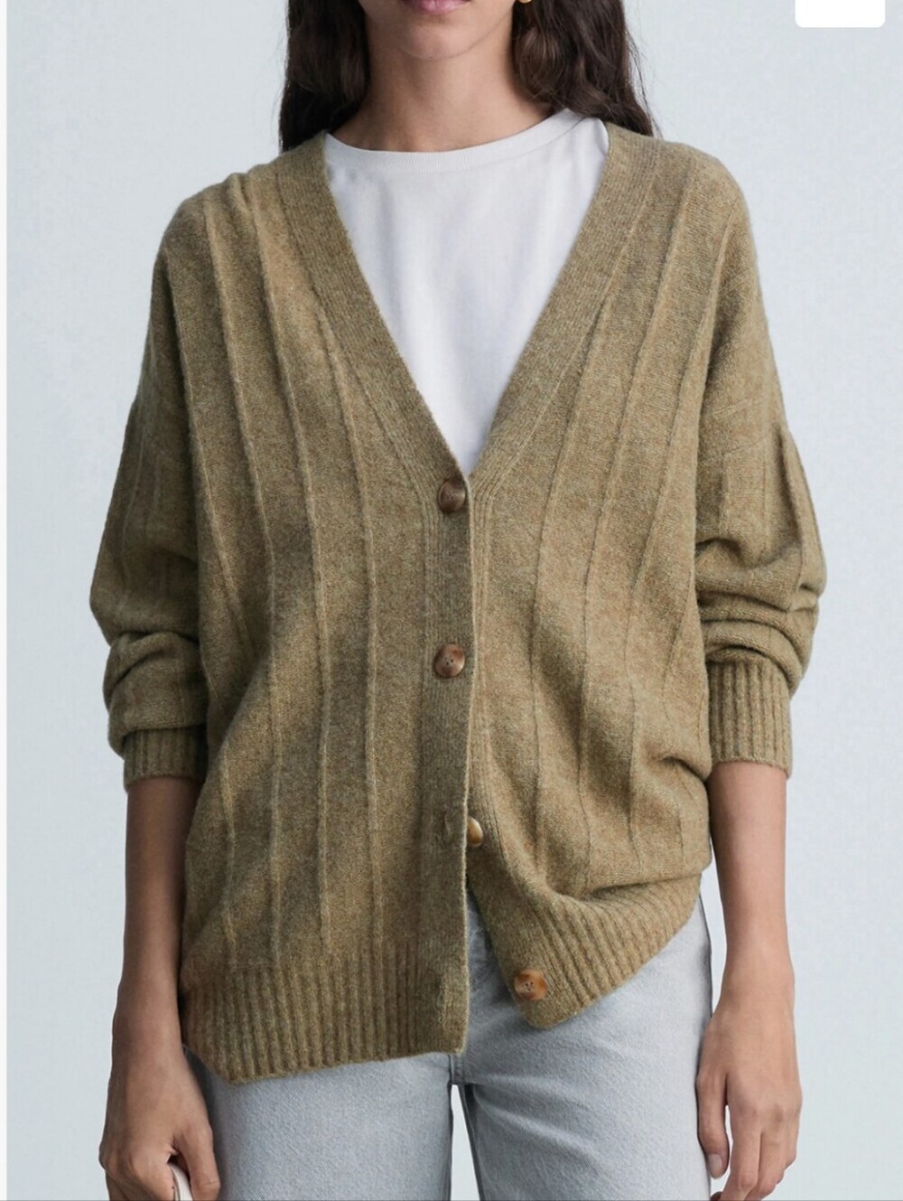 NWT Mango Olive Green Ribbed V-Neck Buttoned Long Cardigan